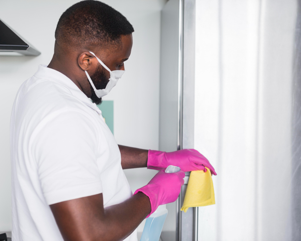 Professional cleaner cleaning a bright modern kitchen